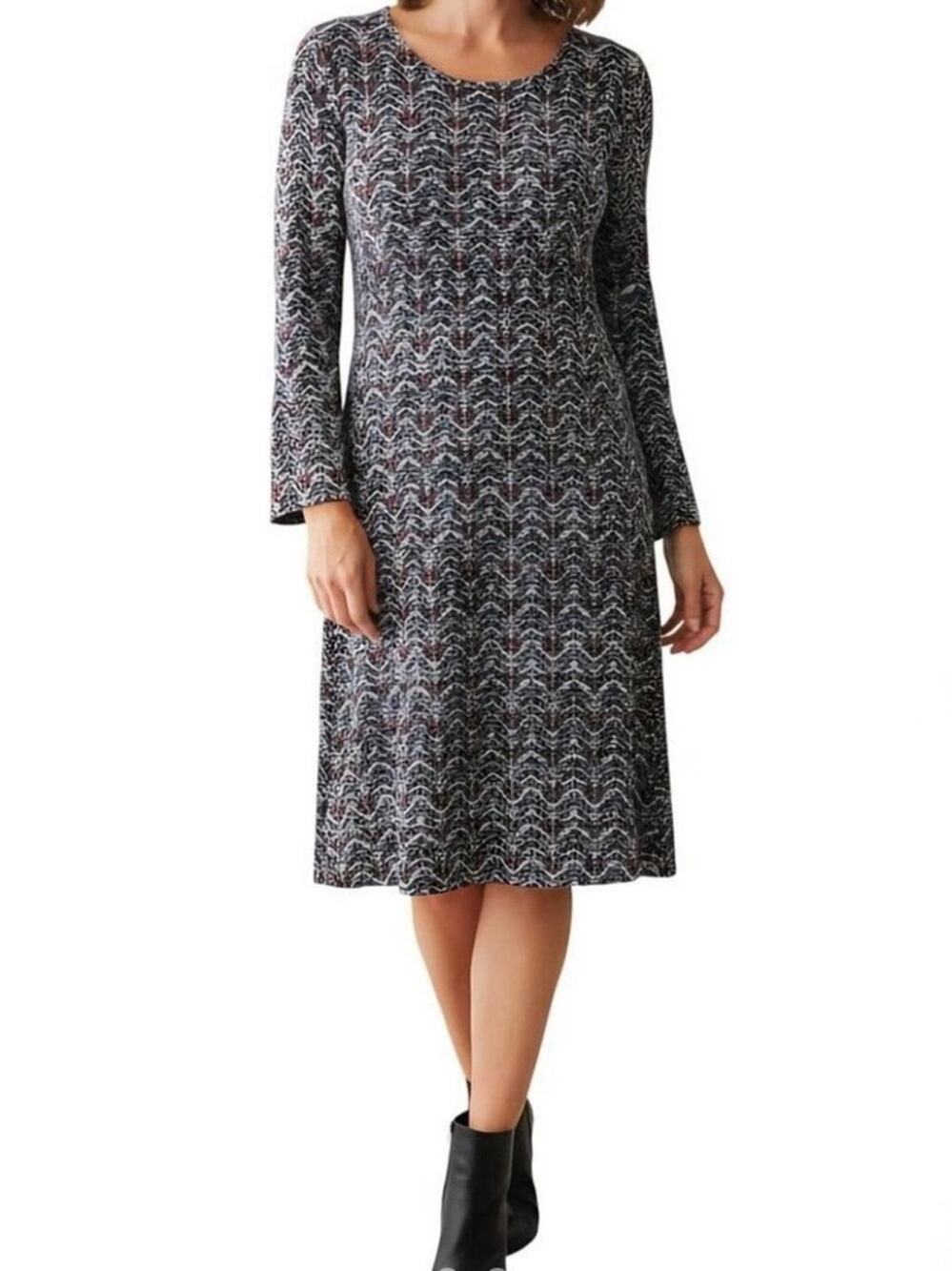 Chico's Chevron Jersey Knit Midi Dress Black Blue Bell Sleeve Size 16(3)
